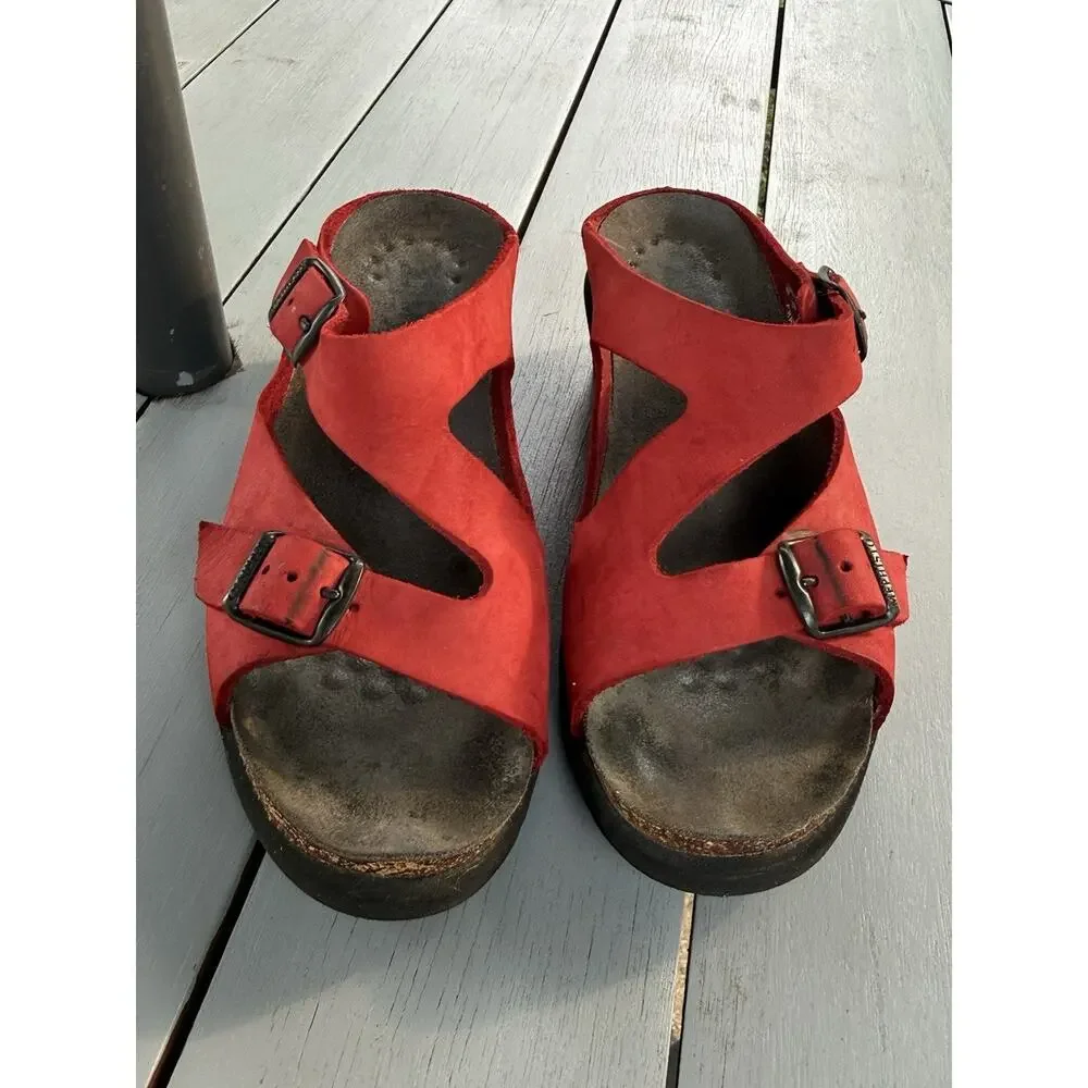 Mephisto Red Leather Nubuck Wedge Slide Sandals Shoes Womens Size EU 38 US 7